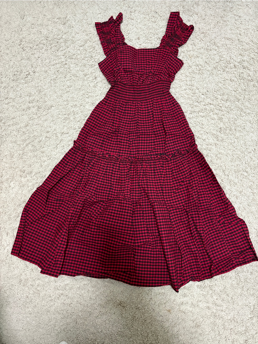Vero Moda Red and Black Gingham Smocked Waist Maxi Tunic